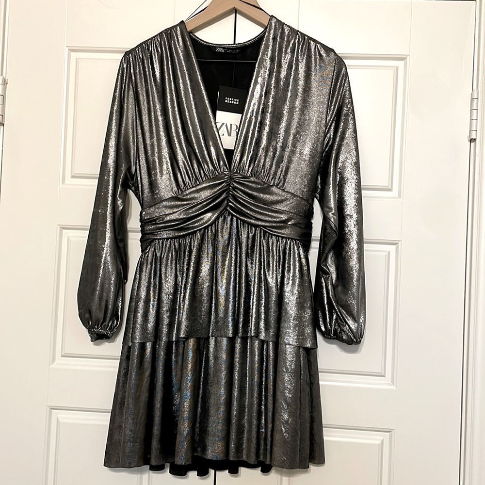 Zara festive silver dress. Long sleeves ruffle bottom V-neck